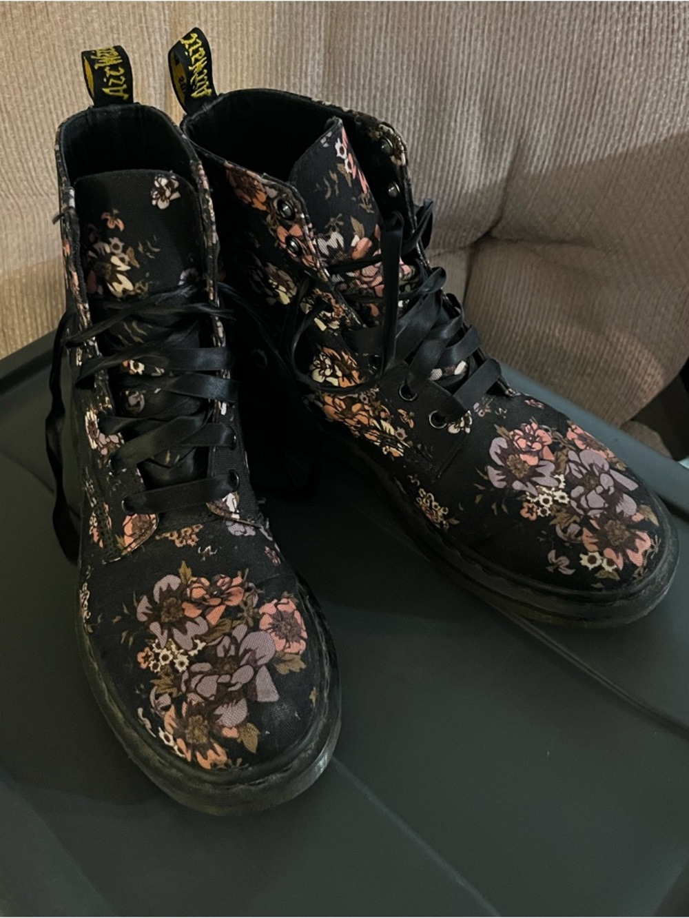 Floral Lace-Up Combat Boots - Black/Pink